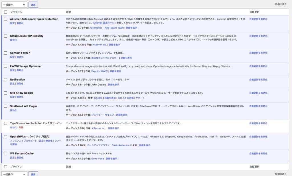 WordPressプラグイン一覧画面