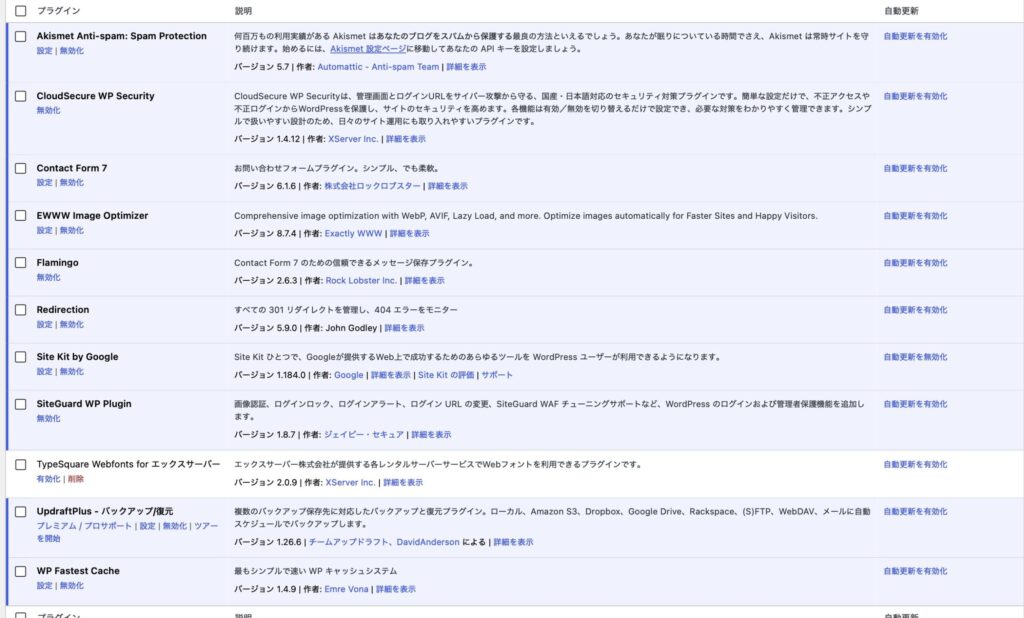 WordPressのインストール済みプラグイン一覧画面