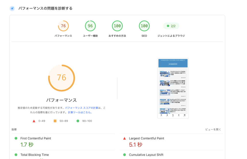PageSpeed Insightsのスマホ計測結果。パフォーマンス76・ユーザー補助96・おすすめの方法100・SEO100
